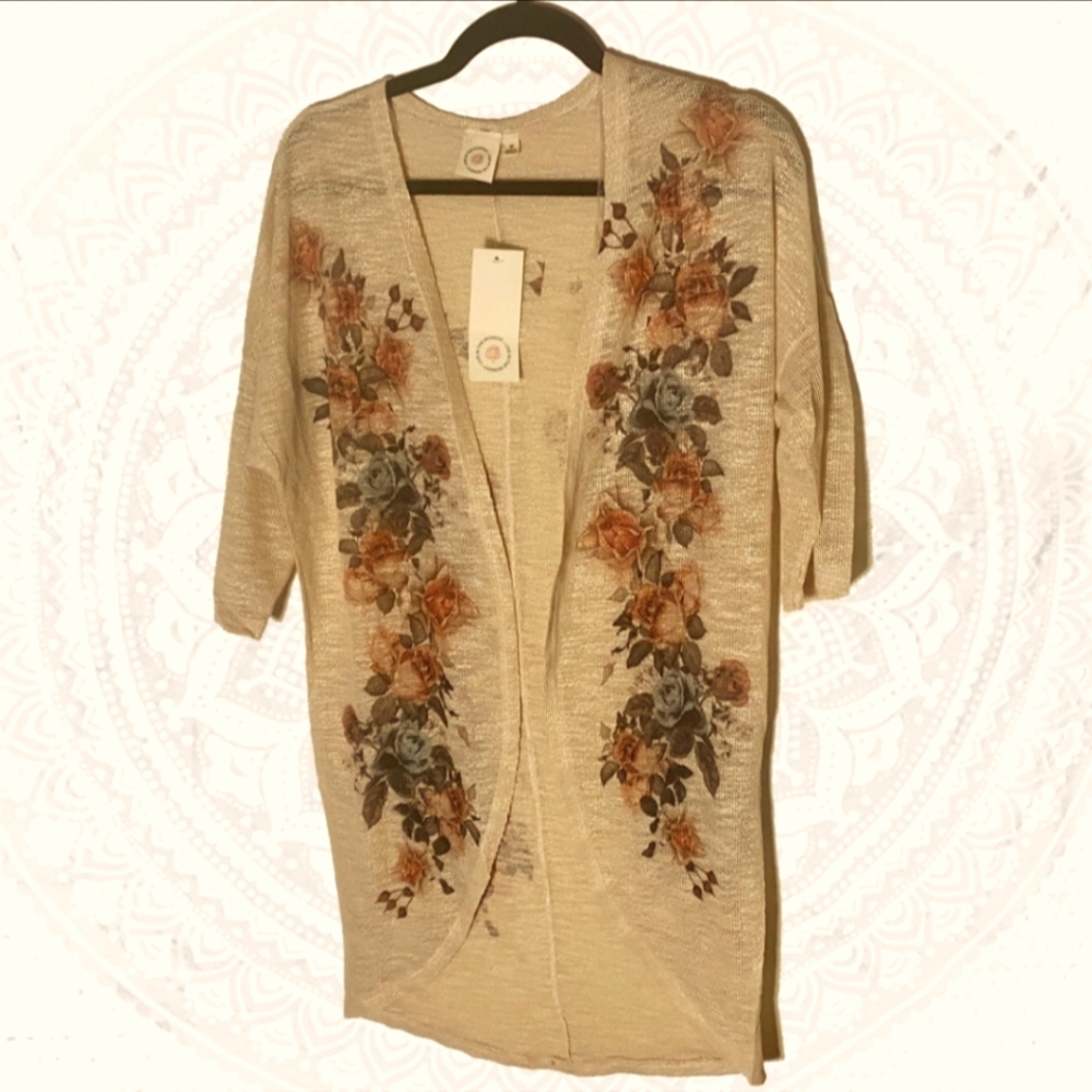 NWT Pink Rose Long Floral Cardigan Wrap 3/4 Sleeves Graphic Lightweight Knit